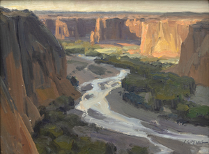 Clyde Aspevig is considered one of our time's foremost representational landscape painters. Born on a farm just south of the Canadian border near Rudyard, Montana, in 1951, his deep attachment to the Western landscape is evident throughout his oeuvre. He works ten hours a day sketching and blocking in the formal element sur le motif and finishing paintings in the studio. By 1980, Aspevig had established a national reputation as a highly realistic landscape painter capable of adopting a varied approach to details, vantage points, palette subtleties, and composition. 
<br>
<br>Like many of his paintings, this work evinces a long vista perspective employing sophisticated color and tone relationships. It portrays a late afternoon setting of four distinct bands of information: a desert floor enveloped in shadow, a sheered line of cliffs resplendently warm salmon and yellow hues, cool-tones distant mountains, and an ethereal sky filled with pink-hued, periwinkle-cloaked clouds.