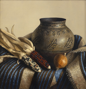 William Acheff's highly realistic paintings of Southwest historical and ethnic artifacts convey nostalgia and a peaceful, meditative quality. When he unveiled his work at a solo exhibition in 1978, the highly polished illusionary qualities and lifelike perfection found an immediate circle of collectors enamored with classic trompe l'oeil painting.
<br>
<br>Born in 1947 in Anchorage, Alaska, Acheff is of Georgian, Russian, Scottish, Dutch, and Alaskan-Athabascan heritage. Classically trained in San Francisco, he moved to Taos in 1973 and continues to paint in this widely recognized, distinctive way, often blending artifacts and traditions of the past with contemporary items and settings. 
<br>
<br>Tesque Jar evinces a clay-body jar (olla) from the Pueblo of Tesuque, Tesugeh Owingeh ("Village of the narrow place of cottonwood trees"), located in northern New Mexico. Their ancestral homelands cover the entirety of O'gah Po'oge (Santa Fe), and the pottery, much of it from the late nineteenth and early twentieth centuries, is highly prized by collectors.