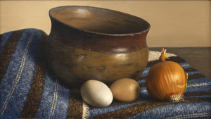 When William Acheff painted his first centuries-old Pueblo pot shortly after arriving in Taos in 1973, he realized he could evoke the deep quiet he imagined earlier artists felt working in their time. Though the artist has no direct link to the Southwestern and Plains tribes whose artifacts he has collected and painted, he seeks to extend an appreciation for Native American traditions, human qualities of continuity, and a slower pace of life as well as what he calls, "the subtle relationships that are common to us all." Archeff was born in 1947 in Anchorage, Alaska, of Georgian, Russian, Scottish, Dutch, and Alaskan-Athabascan heritage. Classically trained in San Francisco, he continues to paint in this widely recognized, distinctive way, often blending artifacts and traditions of the past with contemporary items and settings. 
<br>
<br>The bowl depicted in the present example is from San Juan, a pueblo rich in a tradition of creating pottery vessels for functional use. Though the early elegant shapes and beautiful curves ended by the 1900s, they were revived in the 1930s and 1940s when local women studied ancient pottery from the area as a basis for a bowl such as the one depicted here. Rather than "San Juan," the native people prefer the traditional name Ohkay Owingeh which means "Place of the Strong People."