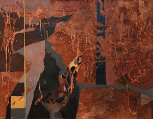 Lorsque Dorothy Hood peint Genies en 1956, elle explore de nouveaux territoires, développant diverses méthodes et un vocabulaire de formes organiques tirées de ses observations de la nature et du corps humain. Indépendamment de leur nature ambiguë et transformatrice, les éléments abstraits et figuratifs s’engagent dans une interaction dynamique, tissant ensemble, entrelaçant et fusionnant les identités au sein d’une soupe métaphysique. Plutôt que la stase formelle d’une tapisserie tissée, dans Genies, l’abstraction respire, s’étire et s’écoule dans un champ d’énergie de vrilles sinueuses en forme de ruban. C’est une œuvre qui incarne une fusion de l’abstraction et du surréalisme. Sa profondeur de champ implicite, sa perspective et ses références figuratives suggèrent une femme dont le corps voûté imprègne l’œuvre d’une profondeur émotionnelle, psychologique ou mythologique. Ces éléments capturent l’essence complexe de la position et de la situation d’une femme, confondant efficacement les frontières entre deux mouvements artistiques distincts.