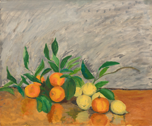 Still lifes like Oranges and Lemons (C 455) give us an insight to the rich and colorful life of Churchill, just as his landscapes and seascapes do. Churchill painted Oranges and Lemons at La Pausa. Churchill would often frequent La Pausa as the guest of his literary agent, Emery Reves and his wife, Wendy.  Reves purchased the home from Coco Chanel.  While other members of the Churchill family did not share his enthusiasm, Churchill and his daughter Sarah loved the place, which Churchill affectionately called “LaPausaland”.<br><br>To avoid painting outside on a chilly January morning, Wendy Reves arranged the fruit for Churchill to paint. Surrounded by the Reves’s superb collection of Impressionist and Post-Impressionist works, including a number of paintings by Paul Cézanne, Oranges and Lemons illuminates Churchill’s relationships and the influence of Cézanne, who he admired. The painting, like Churchill, has lived a colorful life, exhibited at both the 1959 Royal Academy of Art exhibition of his paintings and the 1965 New York World’s Fair.