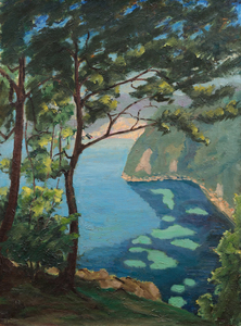 Located on the French Riviera between Nice and Monte Carlo, the Bay of Eze is renowned for its stunning location and spectacular views. As you can see on pages 80-81 of Rafferty&#039;s book, this painting skillfully captures the dizzying heights, set just west of Lou Sueil, the home of Jacques and Consuelo Balsan, close friends of Winston and Clementine.&lt;br&gt; &lt;br&gt;The painting manipulates perspective and depth, a nod to the dramatic shifts of artists including Monet and Cézanne, who challenged traditional vantage points of landscapes. The portrait (i.e. vertical) orientation of the canvas combined with the trees, and the rhyming coastline channels the viewer’s gaze. The perceived tilting of the water&#039;s plane imbues the painting with dynamic tension.