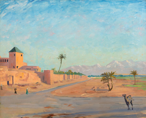 An outstanding example of Churchill’s North African scenes, one in which he deftly captures the scenery and light that his artistic mentor, John Lavery, had told him about in the mid 1930s.  Another artist mentor, Walter Sickert, taught Churchill how to project photo images directly on to a canvas as an aid in painting, a technique used to advantage in this instance.  The Studio Archives at Chartwell include 5 photographs, one of the camel and four others, that Churchill used as aids.<br><br>With the visual aids, Churchill could focus on the vibrant colors, the tan of the sand and buildings contrasting with the brilliant blue skies, splashes of green adding energy to the painting. A different Marrakech scene, “Tower of the Koutoubia Mosque”, set an auction record for Churchill when it sold in 2021 for $11 million USD.