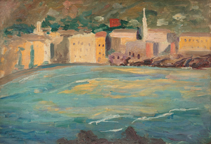 Uniquely among Winston Churchill’s known work, “Coastal Town on the Riviera” is in fact a double painting with the landscape on one side and an oil sketch on the other. The portrait sketch bears some resemblance to Viscountess Castlerosse who was a frequent guest in the same Rivera estates where Churchill visited. Churchill painted her in C 517 and C 518 and gives us a larger picture of the people who inhabited his world. <br><br>Of his approximately 550 works, the largest portion (about 150) were of the South of France, where Churchill could indulge in both the array of colors to apply to his canvas and in gambling, given the proximity of Monte Carlo.