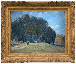 <div>Alfred Sisley’s Cavalier en lisière de forêt (Horseman on the Edge of the Forest), from 1875, is a luminous painting depicting a tranquil road near Marly-le-Roi, where Sisley found creative renewal after moving from Paris’s Batignolles quarter. This work, included in the 2021 catalogue raisonné of the work of Alfred Sisley prepared by Francois Daulte with Galerie Brame & Lorenceau and the Comité Alfred Sisley as no.196, showcases his unrivaled commitment to plein-air painting, even compared to Impressionist peers like Monet and Pissarro. Likely executed entirely outdoors, it captures the immediacy of a summer morning with feathery brushstrokes of muted greens, ochres, and blues, rendering a path winding into a forest, a lone horseman, and two figures—one with a parasol. </div><br><br><div>&nbsp;</div><br><br><div>Sisley’s move to Marly-le-Roi, driven by a love for greenery and the need to support his young family amid financial strain post-Franco-Prussian War, shaped this work. Painted after the 1874 Impressionist exhibition’s disappointing sales, it reflects resilience. The diffused light and geometric composition—path and trees anchoring a vast sky—evoke the region’s gentle haze. Camille Pissarro, a close colleague, hailed Sisley as “a great and beautiful artist, in my opinion he is a master equal to the greatest” (Pissarro, quoted in C. Lloyd, ‘Alfred Sisley and the Purity of Vision’, pp. 5-33, M. Stevens (ed.), Alfred Sisley, exh. cat., New Haven and London, 1992, p. 8). The 2021 Brame and Lorenceau catalogue notes 360 of Sisley’s 1,013 oil paintings reside in museums, affirming his legacy. </div><br><br><div>&nbsp;</div><br><br><div>This concise yet evocative piece offers collectors a rare glimpse into Sisley’s mastery, blending nature’s beauty with Impressionist innovation. </div>