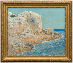 <div><font face=Lato size=3 color=black><em>The Isle of Shoals</em> reflects one of the most personal and sustained subjects in the career of Childe Hassam, remaining in the artists own collection for twenty years. Hassam first visited the Isles of Shoals in 1884, returning regularly until 1915, and the rugged beauty of this small island group off the Gulf of Maine became a central source of inspiration throughout his life. The shifting light, scattered wildflowers, and crystalline waters offered a constant supply of visual poetry, and the islands became the setting for many of his most luminous and celebrated landscapes and coastal scenes.</font></div><br><br><div>&nbsp;</div><br><br><div><font face=Lato size=3 color=black>Similar views of the Isles of Shoals now reside in the permanent collections of the Metropolitan Museum of Art, the National Gallery of Art, and the Dallas Museum of Art, underscoring the importance of the subject within Hassam’s oeuvre. The significance of this body of work was further affirmed in 2016 when the Peabody Essex Museum organized a major exhibition devoted entirely to his Shoals paintings.</font></div><br><br><div>&nbsp;</div><br><br><div><font face=Lato size=3 color=black>In <em>The Isle of Shoals</em>, Hassam captures the clear northern light and the quiet splendor of the rocky coast, presenting a scene that reflects both the serenity of the islands and the artists deep connection to them.</font></div>