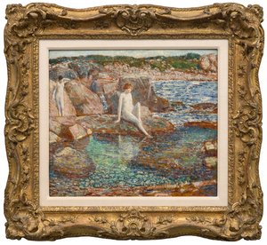 <div><font face=Lato size=3 color=black><em>The Inlet Pool</em> is a radiant example of Childe Hassam’s gift for capturing the interplay of color, light, and atmosphere, with the jewel-like tones of the reflective pool in the foreground revealing his remarkable command of both complex chromatic harmonies and the shimmering surface of water. The composition draws the viewer into an intimate coastal scene where sunlight dances across still water, creating a sense of quiet clarity that is characteristic of Hassam’s finest seascapes.</font></div><br><br><div>&nbsp;</div><br><br><div><font face=Lato size=3 color=black>The painting held deep personal meaning for the artist, remaining in his collection until his death before passing through the hands of prominent collectors including radio and television writer Coleman Jacoby, financiers Robert Kaplan, and later the socialite Mrs. Clayton Rautbord.</font></div><br><br><div>&nbsp;</div><br><br><div><font face=Lato size=3 color=black>Together, these qualities mark the work as a beautifully preserved and deeply expressive example of Hassam’s mature style, showcasing his ability to transform a simple inlet into a scene of brilliant light, subtle movement, and enduring lyricism.</font></div>