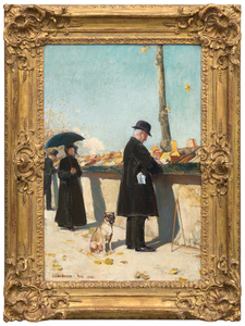 <div><font face=Lato size=3 color=black><em>Booksellers by the Seine</em> (1888) emerges from a pivotal moment in Childe Hassam’s early career, created during his period of study in Paris when he was absorbing the influence of the French Impressionists while already demonstrating the skill of an accomplished academic painter. In this finely observed scene along the banks of the Seine, Hassam turns his attention to everyday urban life, depicting Parisians as they browse the open air bookstalls that have lined the river for generations.</font></div><br><br><div>&nbsp;</div><br><br><div><font face=Lato size=3 color=black>The painting reflects Hassam’s gift for portraying people interacting naturally with their surroundings, a hallmark of his finest works. Here he captures not only the activity of the booksellers but also the shifting atmosphere of the city itself, conveyed through soft dabs of paint that suggest autumn leaves floating gently through the air and settling along the foreground. This delicate blending of human presence, weather, and light reveals Hassam’s deep interest in the transient beauty of urban life and marks <em>Booksellers by the Seine</em> as an evocative example from an essential period in his artistic development.</font></div>