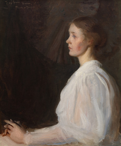 <div><font face=Lato size=3 color=black><em>Girl in White (Seated Figure)</em> from 1896 is an elegant example of Frank Bensons gift for intimate portraiture, rendered with a refined palette and a masterful command of light and texture. The painting was originally a personal gift from Benson to his friend and fellow American artist Frederick P. Vinton, remaining in the Vinton family before later entering the distinguished collection of Paul Magriel, a renowned collector and scholar of American art. This early provenance underscores the works longstanding appreciation among artists and connoisseurs alike.</font></div><br><br><div>&nbsp;</div><br><br><div><font face=Lato size=3 color=black>The portrait relates closely to similar half-figure studies held in major institutional collections, including the Museum of Fine Arts Boston, the Farnsworth Art Museum, and the National Gallery of Art in Washington, D.C., all of which highlight Bensons importance within the American Impressionist tradition. In this work, the sitter is shown in profile against a simple, reduced background that allows the subtleties of color and drapery to command full attention. The warm, luminous modeling of the skin and the delicate, gossamer like fabric of the dress are heightened by Benson's economical use of tone, creating a sense of quiet focus and graceful restraint.</font></div><br><br><div>&nbsp;</div><br><br><div><font face=Lato size=3 color=black>Together, these qualities reveal the depth of Bensons skill during the 1890s and affirm <em>Girl in White (Seated Figure)</em> as a beautifully preserved and emotionally resonant example of his portrait practice.</font></div>