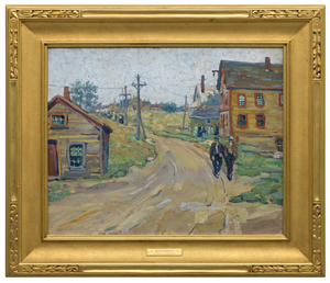 <div><font face=Lato size=3 color="#191919"><em>The Road to the Harbor, Gloucester, Massachusetts</em> is a vibrant and characteristically bold example of Jane Peterson’s celebrated views of the Massachusetts coast, a subject that remains among the most sought after in her work. Previously held in the collection of the artist and her estate, the painting reflects the period when Peterson was producing her finest New England scenes, distilling the atmosphere and color of Gloucester with a confident and expressive hand. Gloucester was one of her most beloved subjects, and comparable paintings of the area have exceeded expectations at auction, often more than doubling their high estimates, underscoring both the desirability of the theme and the competitive value of the present work.</font></div><br><br><div>&nbsp;</div><br><br><div><font face=Lato size=3 color="#191919">This large canvas captures a quiet coastal afternoon, with a dirt road leading toward Gloucester Harbor as suggested by the title. Peterson uses saturated colors and broad, lively brushstrokes to animate the scene, from the touches of blue on the rooftops to the shifting interplay of blue and grey in the retreating sky that suggests a moment just after rainfall. The painting relates closely to other Gloucester works in major museum collections, including <em>Old Road, Gloucester</em> at the Virginia Museum of Fine Arts.</font></div><br><br><div>&nbsp;</div><br><br><div><font face=Lato size=3 color="#191919">Peterson was known for choosing subjects beyond the conventional expectations for women artists of her time, favoring street scenes, travel, public life, and even wartime experience. <em>The Road to the Harbor, Gloucester, Massachusetts </em>embodies this outward looking spirit, revealing her ability to transform everyday coastal paths into scenes of vivid immediacy and enduring charm.</font></div>