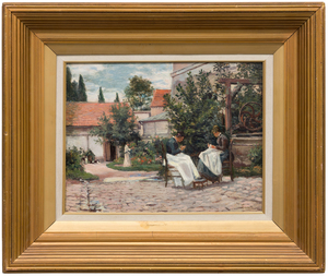 MAXIMILIEN LUCE - La Couture au Jardin, Gisors 1897 - oil on panel - 12 3/4 x 16 1/4 in.