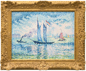 <div>Paul Signac’s "Pilote de la Meuse" (1924) is a refined late masterpiece that unites his devotion to color theory with his lifelong love of sailing. The composition is rigorously constructed around a highly structured framework of verticals and horizontals—the horizon line, the river’s surface, and the upright masts establish a sense of order and clarity. This geometry is gently softened by subtle diagonals: the angled masts, the slanted smokestack of a distant tugboat, and the wind-filled sails introduce movement and visual counterpoint without disrupting the overall balance.</div><br><br><div>&nbsp;</div><br><br><div>Executed in predominantly blue and green tones, the painting exemplifies Signac’s evolved Neo-Impressionist technique. While he and Georges Seurat pioneered pointillism as a scientific, color-theory-driven alternative to Impressionism, Signac’s later works from the 1910s and 1920s mark a decisive shift. Here, the earlier tight dots give way to broader, rectangular “mosaic strokes,” allowing color to carry greater physical presence and expressive freedom. The water in the foreground becomes a vibrant checkerboard of shifting hues, conveying turbulent weather, moving light, and wind-driven currents.</div><br><br><div>&nbsp;</div><br><br><div>A single prominent sailboat dominates the scene, accompanied by a few smaller vessels and the tugboat in the distance, whose swirling smoke animates the sky. This restrained yet dynamic marine subject reflects Signac’s deep personal connection to sailing—he owned 32 boats and traveled extensively by water.</div><br><br><div>&nbsp;</div><br><br><div>Similar maritime scenes from this mature period are held in major institutional collections, including the Minneapolis Institute of Art, The Metropolitan Museum of Art, and the Musée d’Orsay, underscoring the significance of this composition within Signac’s final artistic phase.</div><br><br><div>&nbsp;</div><br><br><div>The painting is accompanied by exceptional archival material: nine typed onion skins by Edmond Sussfeld; three autograph letters signed by Paul Signac; two autograph letters and the original invoice from the merchant Léon Marseille; and a certificate of authenticity from Mrs. Marina Ferretti-Bocquillon, providing outstanding historical context and provenance.</div>