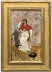 <div><font face=Lato size=3 color=black><em>Dancing Girl</em> dates from 1881 to 1882, a dynamic and exploratory moment in William Merritt Chase’s career when he was actively engaging with European subjects and broadening the expressive range of American painting. The work is included in the Chase catalogue raisonne and reflects the artists fascination with Spanish themes, which many American painters of the period encountered firsthand while studying the masters in the Prado and absorbing the culture, costume, and movement of Spain. Although the painting was later mislabeled by an early owner as an Italian street scene, Chase was in Spain during the summer when this work was created, firmly situating it within his Spanish period.</font></div><br><br><div>&nbsp;</div><br><br><div><font face=Lato size=3 color=black>The animated single figure captures a woman in motion, a subject that is notably rare within Chases oeuvre and distinct from the more contemplative female figures that dominate his most valuable works. His auction record painting, <em>I Think I Am Ready Now</em> from around 1883, shares the focus on a single female figure from the same period, underscoring the importance of this moment in his artistic development. The present work also relates closely to important institutional examples, including <em>Carmencita</em> from 1885 in the Metropolitan Museum of Art and <em>A Tambourine Player</em> in the Montclair Art Museum, both of which highlight Chases sustained interest in dancers and Spanish costume.</font></div><br><br><div>&nbsp;</div><br><br><div><font face=Lato size=3 color=black>The painting was held on long term loan to the Museum of Fine Arts Boston from 1906 to 1922, affirming its early institutional recognition. Chase’s Spanish works should be viewed in dialogue with those of John Singer Sargent, whom he met in 1881 while Sargent was developing studies for <em>El Jaleo</em>, as both artists looked to Velázquez for inspiration. <em>Dancing Girl</em> stands as a spirited and uncommon example of Chase portraying a woman at play, capturing movement, rhythm, and cultural immediacy at the height of his European engagement.</font></div><br><br><div>&nbsp;</div>
