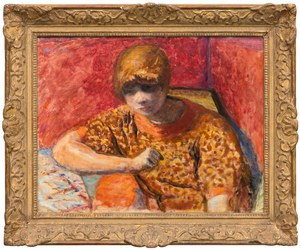 <div>Pierre Bonnard’s <em>La robe de chambre rouge (Marthe Bonnard)</em> (1912) is a richly intimate portrait of the artist’s lifelong muse and wife, Marthe de Meligny, painted at a moment when Bonnard was redefining modern interior painting through color, memory, and psychological nuance. Seated and absorbed in a private moment, Marthe is enveloped by a saturated red ground that presses close to the picture plane, dissolving traditional depth in favor of chromatic intensity. Her patterned robe and softly modeled face emerge through Bonnard’s layered brushwork, where color functions less as description than as emotional atmosphere. </div><br><br><div>&nbsp;</div><br><br><div>Painted in 1912, the work was exhibited extensively from the year of its creation, appearing in seven exhibitions across Paris, Rotterdam, and Munich, signaling its immediate recognition within Bonnard’s circle and the broader European avant-garde. The painting also boasts a distinguished provenance, having passed through the collections of notable French Jewish collector Alphonse Kahn; Eugène Blot, the influential gallerist, collector, and sculpture castor; and Jacques Dupont, the celebrated Olympic cyclist. </div><br><br><div>&nbsp;</div><br><br><div><em>La robe de chambre rouge</em> is published seven times, including Bonnard’s 1968 catalogue raisonné, where it is listed as no. 674. The artist’s portraits of Marthe occupy a central place in his oeuvre. Closely related examples are held in the permanent collections of major institutions such as the Tate, the Museum of Modern Art, the Guggenheim, and The Metropolitan Museum of Art, underscoring the enduring significance of these deeply personal yet formally radical compositions. </div>