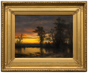 <div>"Twilight on the San Joaquin" (c. 1873) is a luminous oil painting that exemplifies Albert Bierstadt’s mature engagement with the American landscape and his mastery of light effects. Executed in a refined Luminist style, the work emphasizes a tranquil, glowing atmosphere achieved through meticulous detail, subtle tonal transitions, and a carefully controlled palette. The fading light of dusk settles gently over the scene, transforming the San Joaquin River into a reflective plane that anchors the composition and enhances its meditative stillness. </div><br><br><div>&nbsp;</div><br><br><div>The San Joaquin River, which flows through California’s Central Valley before joining the Sacramento River at the Sacramento–San Joaquin Delta, was a subject well suited to Bierstadt’s interest in expansive yet serene vistas. In this painting, the river becomes a conduit for light, capturing the delicate interplay between sky and water at twilight. The result is a harmonious balance between natural grandeur and intimate observation. </div><br><br><div>&nbsp;</div><br><br><div>Bierstadt was a prominent painter associated with the Hudson River School, known for his large, gleaming depictions of the American West. His portrayals of beauty and plenty helped shape the popular image of the West and reassured Americans, still grappling with the aftermath of the Civil War, that their young democracy possessed a grandeur comparable to Europe and would endure. Between 1871 and 1873, Bierstadt lived in California, maintaining a studio in San Francisco, and traveled extensively through the region, producing works that capture its vastness and unique beauty. </div><br><br><div>&nbsp;</div><br><br><div>A closely related twilight scene, "Owens Valley, California" (c. 1872) is in the collection of the McMullen Museum of Art, Boston College. Twilight on the San Joaquin will be included in the forthcoming Albert Bierstadt catalogue raisonné database directed by Melissa Webster Speidel, President of the Bierstadt Foundation. </div>