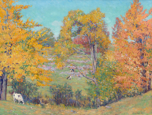 <div>Alson Clark’s <em>Autumn, St. Lawrence River</em> (1916) is a celebration of seasonal color and painterly assurance, created during a highly productive summer spent along the St. Lawrence River. Painted at a moment of peak confidence, the work follows closely on the artist’s major success at the Panama–Pacific International Exposition, where Clark filled an entire exhibition room with his paintings—an achievement that firmly established his reputation and momentum at this stage of his career. </div><br><br><div>&nbsp;</div><br><br><div>The composition unfolds across a gently rolling landscape animated by the brilliance of early autumn. Trees blaze with saturated yellows, oranges, and soft reds, their foliage rendered in broken, impressionistic strokes against a clear, luminous blue sky. Clark’s confident handling of paint allows color to carry form, creating a sense of depth through overlapping passages. Small grazing cattle dot the hillside, providing scale and a quiet note of pastoral life that anchors the composition without interrupting its chromatic rhythm. </div><br><br><div>&nbsp;</div><br><br><div>Clark was celebrated for his ability to fuse American landscape painting with lessons drawn from European Impressionism, and this work exemplifies that synthesis. The surface remains lively and tactile, with visible brushwork that conveys movement and atmosphere while maintaining compositional harmony. <em>Autumn, St. Lawrence River </em>reflects not only the artist’s mastery of color and light, but also the assured vision of a painter fully at ease with his subject, transforming a specific place and moment into a timeless expression of seasonal abundance. </div>