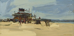 Thiebaud painted Beach Shop in Mexico in 1960 as part of a series featuring similar scenes. The 18-by-36-inch oil exudes Thiebaud’s strongest qualities — particularly his ability to bring the action brushwork of the Abstract Expressionists to his distinctive, representational style.
