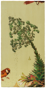 KAORU MANSOUR - Succulent (dedlow) #102 - collage, acrylic and 22k gold leaf on canvas - 40 x 20 1/2 in.