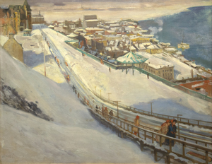 Alson Clark painted "From the Ramparts" from atop Quebec City's Citadel, looking down upon the famous toboggan slide and boardwalk- the St. Lawrence River is in view as is the famous Chateau Frontenac Hotel. The snow-capped buildings line the river below, a perspectival choice perhaps influenced by his service as an aerial photographer in the US army during World War I. Clark masterfully uses the dynamic sweep of the slide from the lower right hand corner to draw the viewer into the center of the composition. In the immediate foreground, a pair of female walkers head towards the viewer on the path adjacent to the slide, the details of their faces and winter coats just barely suggested.