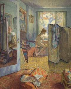 "Interior" is one of Maurice Askenazy’s more modern compositions, calling to mind the work of Bonnard or Vuillard. The intimate scene shows a nude female model, dramatically seen in profile, posing for a painter in a sun-drenched studio. The door to the room is open, giving the impression that the viewer is stealing a glimpse of a private interaction between artist and model. A cleverly placed mirror on the back of the open door reveals the reflection of the painter, who we are meant to take as Askenazy himself, at work. Askenazy takes great care to depict the details of the room, from the patterned ottoman to the framed paintings on the walls, each a mosaic of Impressionistic color.