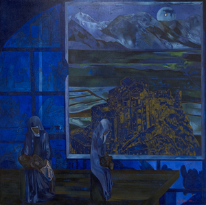 Mirror images of a cloaked figure embrace a bare-chested and bearded man, who is almost child-like in his relative stature. Their embrace mirrors that of Michelangelo’s Pieta, and the many similar depictions of Christ and the Madonna. A dark shade of blue casts a shadow over the composition, assuredly a temporal indicator, but possibly a reference to Picasso’s blue period as well, a major influencer on Pellegrini’s artwork. The wall panels behind the figures depict religious scenes, and remind the viewer of stained glass walls in churches and chapels. Light shines from windows in the city below, also illuminated by a full moon peaking over mountainous scenery.