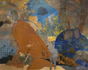 The Queen of the Night drinks water from the clasped hands of faith, while two shepherds embrace each other, unaware of Jesus’ birth. Angels, portrayed almost translucently on the canvas, spray holy water and bring about the giving of gifts. A precious jewel is depicted in the right corner, while a humble basket of turkeys sits on the cape of the Madonna. Nearby rests a basket with a goldfinch, an ancient symbol, which is a harbinger of good luck for newborn babies. The baby Jesus, just as the clasped hands that the Queen drinks out of, represents faith – the angels have sprinkled with holy water and he will soon make himself known to the world.
<br>
<br>“For me the faith in religion becomes faith in painting and will defeat the giants." – Max Pellegrini, July 2015, in conversation with Curator Chip Tom