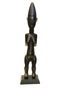 Kulango statuary is rare, and often presented as derived from and strongly influenced by Lobi art. The figures, associated with the dead, are beings that are somewhere between spirits and people and may represent the dead, or ghost, or bush spirit. The figures preside over foundation rites, essential for obtaining protection for new homes. They were also used by soothsayers and by the leaders of the family cult.
