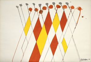 亚历山大-考尔德（Alexander Calder）的水粉画作品 &quot;Wigwam rouge et jaune &quot;是对设计和色彩的生动探索。这幅画的构图以对角线格为主，对角线在顶点附近相交，呈现出一种动态平衡。考尔德用红色和黄色的菱形引入了奇思妙想的元素，为作品注入了童趣，营造出节日的气氛。右倾线条顶点的红色小球唤起了人们的奇思妙想，而左倾线条顶端的灰色小球则提供了对比和平衡。考尔德巧妙地将简洁和重要的设计元素融合在一起，使 Wigwam rouge et jaune 成为一种视觉享受。