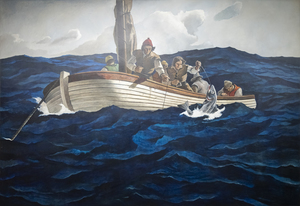 According to the catalogue raisonné compiled by The Brandywine River Museum of Art, the preliminary drawing for Puritan Cod Fishers was completed by N. C Wyeth prior to his death in October 1945. The entry records an image of the sketch as well as the artist’s inscriptions and its title, Puritan Cod Fishers, characterized by the catalogue as ‘alternate’. In either case, the large-scale canvas is a unique work that Andrew Wyeth later recalled was painted solely by his hand, a demarcated collaboration of the father’s design and composition brought to fruition by a remarkable son’s execution. For Andrew, it must have been a deeply felt and emotional experience. Given his father’s attention to detail and authenticity, the lines of the small sailing craft represent a shallot, in use during the sixteenth century. On the other hand, Andrew likely deepened the hues of the restless sea more so than his father might have, a choice that appropriately heightens the perilous nature of the task.