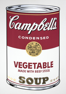 It is remarkable the speed with which the art world embraced Andy Warhol after July 1962 when his paintings of thirty-six paintings of Campbell's Soup Cans were displayed at The Ferus Gallery in Los Angeles. Among his last hand-painted works, Warhol soon discovered silkscreen, the medium with which he is most closely associated. Whereas the handcrafted soup-can paintings look mechanically produced, the silkscreen was a mechanical and commercial process that enabled Warhol to produce unlimited precise repetitions and variations of key subjects. As one of the 32 original varieties, Vegetable remains a pop culture phenomenon, turning up on everything from plates and mugs to neckties, t-shirts, and surfboards.