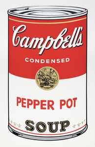 סדרת פחיות המרק קמפבל של אנדי וורהול מסמנת רגע מכונן בקריירה שלו ובתנועת הפופ ארט. הסדרה, המורכבת מ-32 קנבסים, שכל אחד מהם מתאר טעם שונה, חוללה מהפכה בעולם האמנות בכך שהעלתה את מוצרי הצריכה היומיומיים והיומיומיים למעמד של אמנות גבוהה. הדפס המסך Pepper Pot משנת 1968 משתמש בסגנון הייחודי שלו של צבעים חיים ושטוחים ודימויים חוזרים, האופייניים לייצור המוני ותרבות צריכה. הדפסת מסך, טכניקה מסחרית, מיישרת קו עם העניין של וורהול לטשטש את הגבולות בין אמנות גבוהה לאמנות מסחרית, ולאתגר ערכים ותפיסות אמנותיות.
