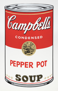 Andy Warhol's Campbell's Soup Cans series marks a pivotal moment in his career and the Pop Art movement. The series, consisting of 32 canvases, each depicting a different flavor, revolutionized the art world by elevating mundane, everyday consumer goods to the status of high art. The screen print Pepper Pot from 1968 employs his signature style of vivid, flat colors and repeated imagery, characteristic of mass production and consumer culture. Screen printing, a commercial technique, aligns with Warhol's interest in blurring the lines between high art and commercial art, challenging artistic values and perceptions.