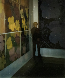 אנדי וורהול - דיוקן עצמי בתערוכת &#039;פרחים&#039; - פולארויד, פולקולור - 4 1/4 x 3 3/8 אינץ&#039;.