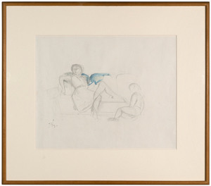 <div><font face=Lato size=3>"Study for Three Sisters," a 1954 mixed media drawing by Balthus, offers an intimate glimpse into the artist’s preliminary creative process. Executed in pencil with subtle blue watercolor accents, this sketch captures two figures—a reclining woman and a seated child—arranged with a spontaneous yet deliberate energy on a couch. The loose, expressive lines and minimal detailing reveal the immediacy and personality of the subjects, contrasting with the more formal and structured compositions of his final paintings. As a study for the major work "Three Sisters" within a series of significant canvases by the same name, it provides a window into Balthus’ evolution, showcasing how he refined his subjects over time and approached their portrayal with careful consideration. </font></div>
<br>
<br><div><font face=Lato size=3> </font></div>
<br>
<br><div><font face=Lato size=3>Balthus, like many avant-garde artists of the early 20th century such as Paul Gauguin, Edvard Munch, and Pablo Picasso, saw children as vessels of raw, unformed spirit, untouched by societal constraints, and viewed adolescent themes as a potent source of psychological depth and uninhibited expression. This perspective infuses the drawing with a tender yet enigmatic quality. The provenance includes Nicholas Fox Weber, the acclaimed Balthus biographer, adding historical weight to the piece. A related "sister drawing" is held in the Art Institute of Chicago’s permanent collection, further affirming its significance. This work not only highlights Balthus’ mastery of mixed media but also serves as a compelling study of youth and intimacy, inviting viewers to explore the artist’s thoughtful development of his iconic themes. </font></div>