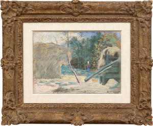 كاميل بيسارو - Paysage avec batteuse a Montfoucault - باستيل على ورق موضوع على متن الطائرة - 10 3/8 × 14 3/4 بوصة.