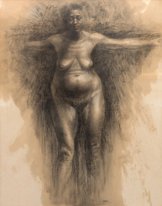 CHARLES WHITE - Patience Y - charcoal, paint, and wax crayon on paper - 51 1/2 x 39 1/2 in.