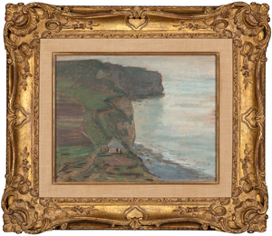 <div><font face=Lato size=3 color="#191919">As the idea of using drawings, whether in pencil or pastel to prepare a painting was at odds with Monet’s publicised creative process, he tended to downplay its importance in his work. However, after his death eight folios containing over four hundred drawings came to light as well as many pastels. This convenient and lightweight medium allowed him to experiment with composition and colour and develop ideas for his oil paintings at speed. He also used pastel to produce finished pictures, as in this example.</font></div><br><br><div><font face=Lato size=3 color="#191919">&nbsp;</font></div><br><br><div><font face=Lato size=3 color="#191919">During the 1880s Monet returned to the Normandy coast. He found inspiration in the sparkling light and famous limestone cliffs, as had Delacroix and Courbet. As well as working directly in oils, he followed Boudin’s example and used black chalk and pastel to study the effects of light and colour on the sky, sea and land.</font></div><br><br><div><font face=Lato size=3 color="#191919">&nbsp;</font></div><br><br><div><font face=Lato size=3 color="#191919">In this seascape at Etretat, twenty miles round the coast to the north of Le Havre, Monet has chosen an unusual composition, dividing the landscape down the centre with the vertiginous cliffs; the left half of the picture composed of earthy greens and browns, the right half a sun dappled sea that dissolves into the sky, the horizon only suggested by the lightest touch of charcoal. This picture has a marked difference in atmosphere to another pastel of the nearby Porte d’Aval, dateable to the same period, whose late afternoon sky shows the range of expression that could be achieved with pastel. By the summer of 1885 the year he made this pastel Monet had largely abandoned urban subjects, and was more drawn towards natural phenomena. He painted many views along the coast under different light conditions. As noted in the catalogue raisonné on Monet, this pastel is not a preparatory study for an oil painting, but a wholly original composition. It demonstrates how well the painter understood and enjoyed the versatility of the medium when trying to capture such variable weather.</font></div>