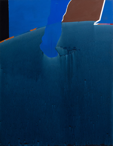Early in her maturation, Hood established herself as an artist of metaphysically charged images who engaged with various cosmologies upon her return to Houston in 1962. Blue Waters is among those works reflecting her persistent search for spiritual sustenance. A band of saturated, opaque blue reaches forward into a sphere of limpid blue azure, reminiscent of an earthly, watery globe. This bold yet harmonious intrusion resembles an ethereal arm transforming a fluid state into a mesmerizing phosphorescent phthalo green, its opulence and streaming brilliance suggesting divine intervention evoking the metaphor of 'the hand of God', animating the essence of life. Hood's masterful use of color and form often invites interpretations of a cosmic or spiritual embrace within the natural world. Yet her limpid washes of poured color demonstrate not randomness or uncertainty but her remarkable mastery and control that adds another element of awe to Blue Waters.
