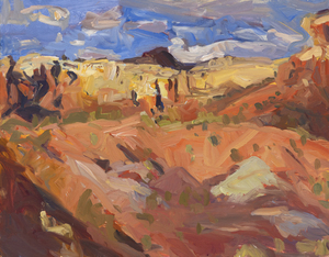 In 1995, Duncan Martin left full-time teaching at the Principia College Studio Art facility to focus on painting and lived in New Mexico, Arizona, and Colorado. Although he later returned to serve as a Professor of Art and Chair of the Art and Art History Department, he is retired and entirely devoted to en plein air landscape painting today. Martin usually begins with long, bold strokes using a palette knife or brush and adjusts with strokes that become smaller, more controlled, and more detailed. He continues to observe, making visual assessments and incremental finishing touches using both ends of the brush. As a painter, Martin is interested in something other than creating facile representational paintings. Instead, he hopes to understand some essential truth not necessarily revealed in its physical details.