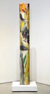 A major figure in both the Abstract Expressionist and American Figurative Expressionist movements of the 1940s and 1950s, Elaine de Kooning's prolific output defied singular categorization. Her versatile styles explored the spectrum of realism to abstraction, resulting in a career characterized by intense expression and artistic boundary-pushing. A striking example of de Kooning's explosive creativity is Untitled (Totem Pole), an extremely rare sculptural painting by the artist that showcases her command of color. 
<br>
<br>She created this piece around 1960, the same period as her well-known bullfight paintings. She left New York in 1957 to begin teaching at the University of New Mexico in Albuquerque, and from there would visit Ciudad Juárez, where she observed the bullfights that inspired her work. An avid traveler, de Kooning drew inspiration from various sources, resulting in a diverse and experimental body of work.