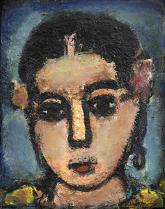 Influido por su devota fe católica, la evolución artística de Rouault fue única entre los modernistas. Cautivado por los vibrantes colores y por cómo la luz atraviesa las vidrieras medievales, aplicó gruesas y ricas capas de pintura y amplificó las formas crudas y audaces inundadas de azules profundos dentro de pesadas líneas negras. Rouault apoyaba a menudo fuertes temas religiosos recurrentes dedicados al poder de la redención. Carlotta no está al servicio de esa vocación superior ni del sufrimiento marginado de los sujetos, que incluían payasos, prostitutas y crucifixiones. En cambio, Carlotta es una oportunidad para admirar las variaciones de color más sutiles de Rouault y la interacción dinámica entre la calidad áspera y táctil del empaste y el efecto más suave y difuso de los pasajes desmenuzados de un modelo libre de temas de dolor y desesperación humanos.