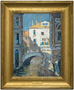 JANE PETERSON-Figures Along a Venetian Canal, Summer <div><font face=Lato size=3 color="#191919"><em>Figures Along a Venetian Canal, Summer </em>is a vibrant and characteristically bold example of Jane Peterson’s Venetian canal scenes, a subject that represents one of the most collected and widely recognized motifs within her body of work and is one she returned to repeatedly during her European travels. Peterson is known for combining academic draftsmanship with bold color and loose, expressive brushwork. Her work reflects the visual influence of Impressionism, Fauvism, and Art Nouveau. Previously held in the collection of the artist and her estate, this painting is a beautiful example of these influences and of her signature style.</font></div><br><br><div> </div><br><br><div><font face=Lato size=3 color="#191919">The medium and smaller format of this canvas was chosen for portability during Peterson’s travels and captures a serene moment with figures moving along the canals, approaching a bridge. Peterson uses saturated colors and broad, lively brushstrokes to animate the scene, as well as use of light to bring the scene to life and create a distinct mood. The painting relates closely to other Venetian scenes in major museum collections, including <em>St. Mark's in Venice</em>, circa 1920 in the permanent collection of The Norton Museum of Art.</font></div><br><br><div> </div><br><br><div><font face=Lato size=3 color="#191919">Peterson was known for choosing subjects beyond the conventional expectations for women artists of her time, favoring street scenes, travel, public life, and even wartime experience. <em>Figures Along a Venetian Canal, Summer </em>embodies this outward looking spirit, revealing her ability to transform everyday scenes into moments of vivid immediacy and enduring charm.</font></div>