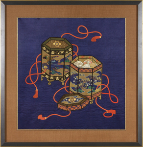 This fukusa features octagonal containers called kai-oke used to hold the traditional shell game kai-awase, or “shell-matching.” The game began around the 12th century and was originally played by court ladies, who vied with each other to match 180 pairs of clam shells painted on the inside with literary or poetic themes. Later, in the Edo period, the game became associated with weddings, and even the motif of the game symbolizes a happy match in marriage. This fukusa likely covered a wedding gift.
