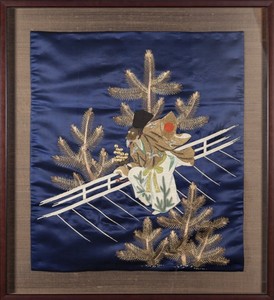 Here, a Noh actor in full costume and mask is crossing the wing of a Noh stage. The stage is flanked by pine trees, and pines are also a motif on his kimono. Typically a pine tree is painted on the back wall of Noh stages to represent the tree through which this theatrical form was, by legend, passed down from heaven to mankind. In Japanese culture, the evergreen pine has come to be an important symbol of longevity and steadfastness.<br><br>The practice of laying fukusa over presents placed on wooden or lacquer trays became wide spread during the Edo period, (17th to 19th century). What begun as a functional practice to protect gifts from the elements, took on a decorative life of its own. Well-to-do families owned large numbers of fukusa and often commissioned famous artists of the<br>time to design exclusively for them. The drawings were then created by such techniques as tie-dying, stenciling, slit embroidery, tapestry, painting with embroidery and combinations of all methods. Each time a fukusa was required, it was chosen not only for the occasion but also for the season, the gift itself, and the status of the donor and the recipient. Fukusa were also part of the brides’ trousseau and could be given on the occasion of a wedding. Fukusa were made of square or oblong pieces of silk, lined and often embellished with tassels, and sometimes bearing the monogram or family crest on the reverse. Etiquette decreed that the fukusa were not usually to be considered part of the gift itself and were to be returned covering a token gift or an acknowledgement of the gift. However, some recipients such as bureaucrats, who accepted gifts from people currying favors, elected to keep the fukusa along with the gifts they covered, thus adding to their own store of gift covers.