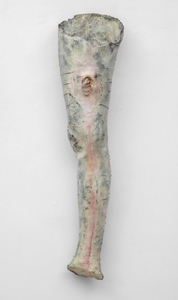 The daughter of minimalist sculptor Tony Smith, Kiki's art is not limited to any single medium or technique, and her work often invites multiple interpretations. Club embodies the form and dimensions of a human leg, the essential element for movement and stability. Smith's title invites the viewer to reimagine a leg as a weapon and consider the fragility of the human condition, the power dynamics of bodily autonomy, and the complex interplay between strength and vulnerability. Such a transformation of a body part into an object conveys both protection and aggression and reflects upon how gender-specific bodies navigate our social and personal environment. Club exemplifies Smith's ability to create pieces rich in symbolism, open to interpretation, and provoke thought about the human experience.