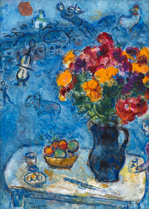 <div><font face=Lato size=3 color=black>Marc Chagall’s <em>Sur la table</em> is a radiant celebration of color, memory, and imagination. Bathed in a deep blue palette, the painting brings together several of the artist’s most beloved motifs: a rooster, violinist, goat, and exuberant bouquet. The composition is animated with Chagall’s signature sense of movement and dreamlike harmony, creating a world where everyday life, folklore, and love coexist in vibrant equilibrium.</font></div><br><br><div>&nbsp;</div><br><br><div><font face=Lato size=3 color=black>Painted in a richly productive period just after Chagall’s return to his homeland in the early 1970s, <em>Sur la table</em> reflects the renewed emotional and visual energy that came from reconnecting with his roots in Vitebsk, represented here by the white domed church in the distance. The expansive bouquet, one of Chagall’s enduring symbols of love for his first wife, Bella, dominates the foreground and infuses the work with emotional warmth and vitality.</font></div><br><br><div>&nbsp;</div><br><br><div><font face=Lato size=3 color=black>The painting remained in Chagall’s own collection and estate until after his death in 1985, underscoring its personal significance. Authenticated by the Comité Marc Chagall, <em>Sur la table</em> belongs to a lineage of floral and symbolic compositions that define his mature work.</font></div>