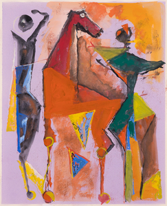 <div>Marino Marini’s <em>Marino from Shakespeare I </em>(1977) is a vibrant and theatrically charged work on paper, executed in tempera over aquatint and drawn from the celebrated Marino from Shakespeare portfolio. The composition is animated by bold, gestural forms and a heightened palette of oranges, yellows, reds, and lilac that infuse the scene with dramatic urgency. A central equine form dominates the image, flanked by attenuated human figures whose raised arms and angled bodies suggest performance, confrontation, or ritualized movement. </div><br><br><div>&nbsp;</div><br><br><div>Although the title references Shakespeare, the connection is thematic rather than illustrative. Marini evokes the emotional intensity and existential drama associated with Shakespearean tragedy—conflict, power, instability—through dynamic relationships rather than narrative detail. The horse and rider, a recurring motif throughout Marini’s career, function here as symbolic protagonists rather than literal subjects. As the artist himself noted, “My equestrian figures are symbols of the anguish that I feel when I survey contemporary events,” and this sense of unease is palpable in the fractured forms and off-balance poses that animate the composition. </div><br><br><div>&nbsp;</div><br><br><div>Best known as one of the great sculptors of the twentieth century, Marini demonstrates in this suite his mastery of printmaking as an expressive language. The combination of aquatint’s tonal depth with painterly applications of tempera allows for both structural clarity and emotional immediacy. <em>Marino from Shakespeare I </em>stands as a compelling example of Marini’s late graphic work, translating his sculptural vocabulary into a vivid, modern meditation on the human condition. </div>
