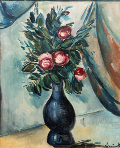 <div>Maurice de Vlaminck’s <em>Bouquet de Pivoines dans un Vase Bleu</em> (1913–14) is a prime-period still life that channels the artist’s Fauvist audacity into an image of exuberant, painterly force. A dense spray of peonies—painted as spiraling bursts of pinks, reds, and creamy whites—pushes outward from a deep blue vase, its rounded form anchoring the composition. With vigorous, directional brushstrokes, Vlaminck animates petals and foliage into a rhythmic surge, turning a traditional tabletop motif into a study of movement, texture, and chromatic intensity. </div><br><br><div>&nbsp;</div><br><br><div>As one of the core founders of Fauvism, Vlaminck was celebrated for his radical, non-naturalistic use of color, and this work retains that avant-garde approach. Cool blues and sea-greens collide with hot, saturated reds, while the background drapery and angled planes are simplified into sweeping passages that heighten contrast and speed. The paint surface remains boldly worked, emphasizing the physicality of oil on canvas and the immediacy of the artist’s hand. A prominent signature reinforces the picture’s assertive presence and its sense of completed statement. </div><br><br><div>&nbsp;</div><br><br><div>The painting will be included in the forthcoming critical catalogue of Maurice de Vlaminck’s works, currently being prepared by Maïté Vallès-Bled and Godeliève de Vlaminck under the auspices of the Wildenstein Institute. Renewed international attention to Vlaminck’s achievements—including a recent retrospective at Museum Barberini in Potsdam, the first in nearly a century—has reaffirmed his vital role in the development of modern painting. <em>Bouquet de Pivoines dans un Vase Bleu </em>captures that legacy: unapologetically modern and powered by color as expression. </div>