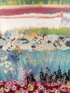 MERION ESTES - Sky Blue Sky - fabric collage and acrylic paint on panel - 80 x 60 x 1 3/4 in.