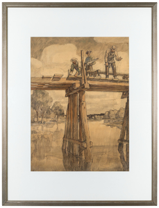 N.C. WYETH - The Carpenters Repairing Hubbard's Bridge - graphite, charcoal, and watercolor - 27 1/2 x 20 1/8 in.